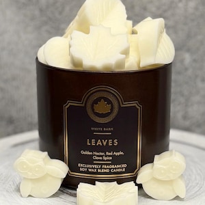 May include: A brown candle with a label that reads "LEAVES" and "Golden Nectar, Red Apple, Clove Spice." The candle is filled with white leaf-shaped wax melts. Two owl-shaped wax melts and a leaf-shaped wax melt are in front of the candle.