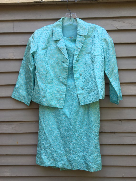 Blue brocade 50s 60s cocktail dress with jacket sm