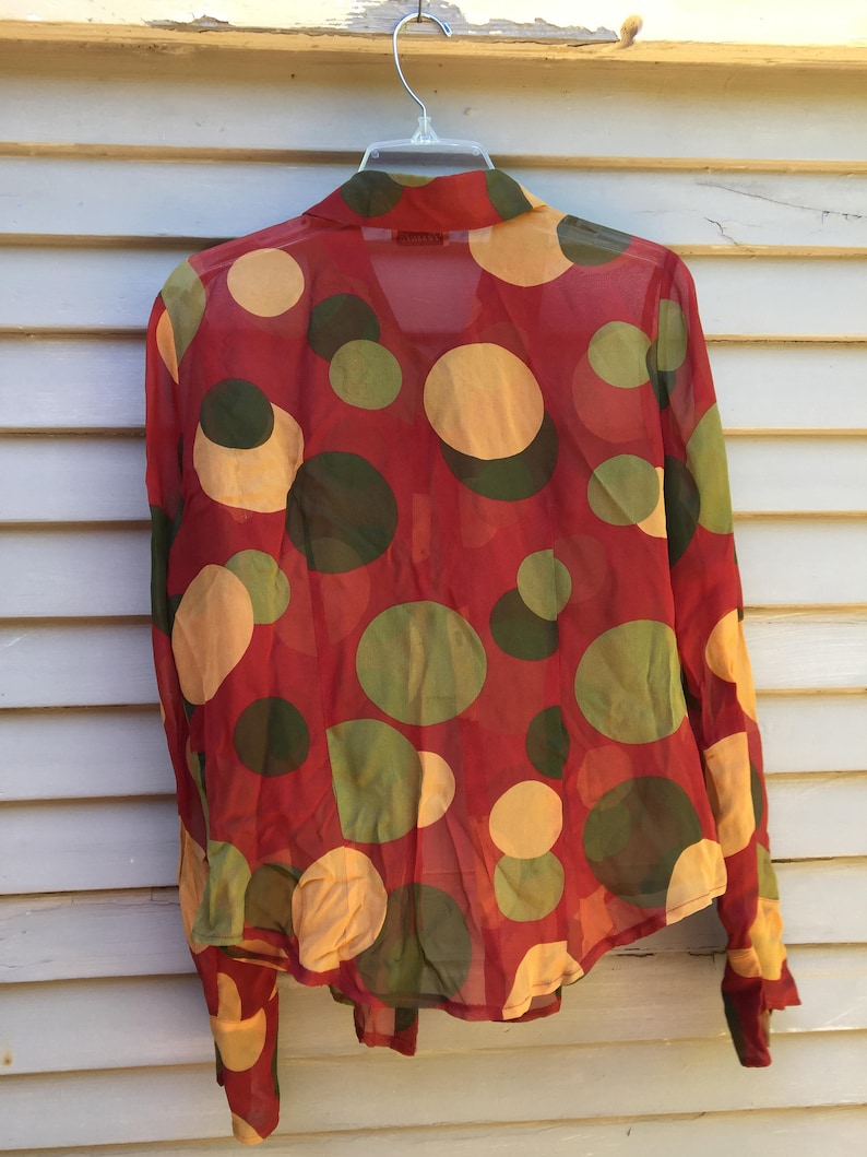 Sheer silk 80s blouse burgundy green mustard