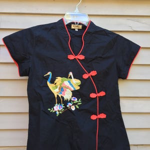 Embroidered Thai black blouse with red piping frog closures and cranes Made in Thailand