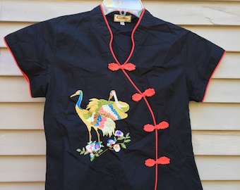 Embroidered Thai black blouse with red piping frog closures and cranes Made in Thailand