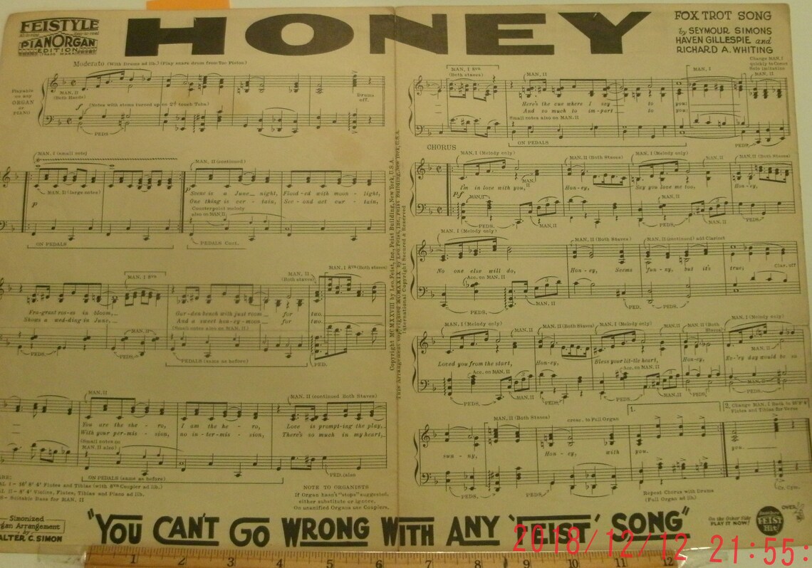 Honey Sheet Music by Seymour Simons Haven Gillespie Richard Etsy