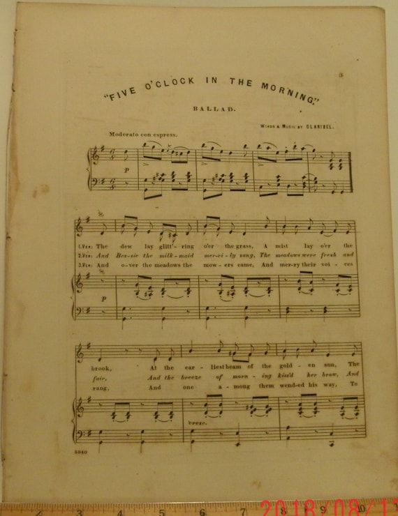 Five O'Clock In The Morning Ballad sheet music by Etsy
