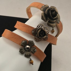 Leather and Brass Flower Bracelets, Adjustable Bracelet