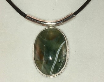 Hand Cut Rain Forest Jasper Pendant: Sterling Silver, Leather Cord