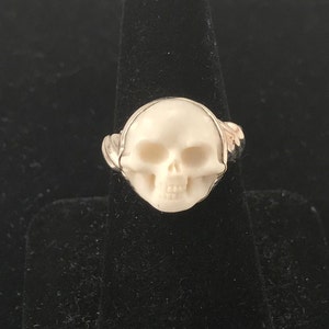 Carved Bone Skull Ring: Sterling Silver Biker Goth Jewelry