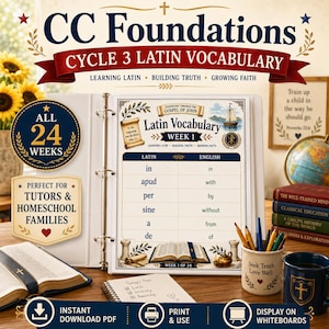 以下が含まれることがあります： Latin Vocabulary Week 1というタイトルの印刷された学習シートが入った白い3リングバインダー。ページにはラテン語と英語の単語の表、巻物のイラスト、船、開いた本のグラフィックが掲載されています。テキストにはCC Foundations Cycle 3 Latin VocabularyおよびLearning Latin Building Truth Growing Faithが含まれています。
