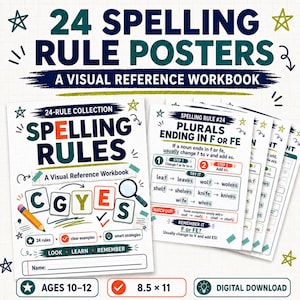 May include: A collection of 24 spelling rule posters presented as a visual reference workbook. The cover features the text Spelling Rules, a pencil, and letter blocks. Additional pages show rule 24 regarding plurals ending in F or FE, with examples, steps, and a name line. The document is 8.5 x 11 inches.