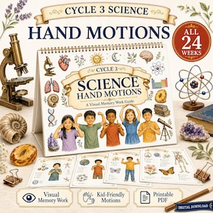 May include: A spiral-bound Cycle 3 Science Hand Motions visual memory work guide featuring illustrations of children performing hand gestures, scientific diagrams, and text. Includes loose-leaf pages, a microscope, an atom model, and crystals.