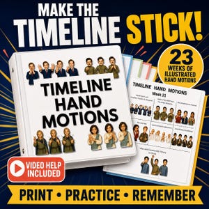 May include: A white three-ring binder titled Timeline Hand Motions featuring illustrated figures performing gestures. The set includes 23 weeks of illustrated hand motions with printed pages showing historical events and corresponding hand signs for learning.