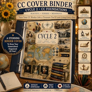 May include: A dark blue three-ring binder featuring a decorative cover with the text CC COVER BINDER CYCLE 2 CC FOUNDATIONS. The cover displays a world map, historical illustrations, portraits, and a stack of books labeled with subjects like History, Geography, Science, English, Math, Latin, and Timeline.