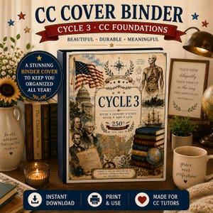 Può includere: Una copertina per raccoglitore blu scuro con un collage in stile vintage con il testo CC COVER BINDER, CYCLE 3, CC FOUNDATIONS, 250TH ANNIVERSARY 1776-2026. Il design include una bandiera americana, il Campidoglio, figure storiche e dei libri.
