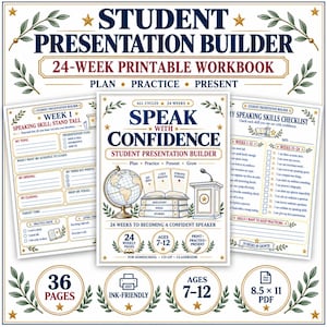 May include: A 24-week printable student presentation builder workbook featuring a cover titled Speak With Confidence, a globe, a podium, and stacks of books. Includes a weekly planning page and a speaking skills checklist in an A4-sized PDF format.