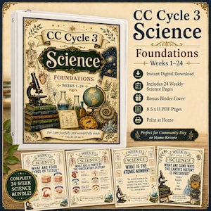 May include: A white three-ring binder featuring a vintage-style cover titled CC Cycle 3 Science Foundations Weeks 1-24, displaying a microscope, books, a globe, and scientific illustrations. Four additional educational sheets are shown below.