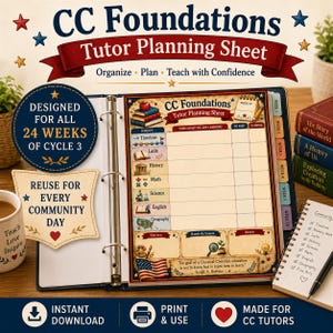 Puede incluir: Una hoja de planificación para tutores CC Foundations dentro de una carpeta de tres anillas. La hoja incluye secciones para materias como latín, historia, matemáticas, ciencias, inglés y geografía, con una cuadrícula de planificación.