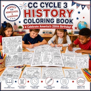 May include: A CC Cycle 3 History Coloring Book featuring pages about American history, including the Bill of Rights, George Washington, and the moon landing. The book measures 8.5 by 11 inches and contains 22 coloring pages for children.