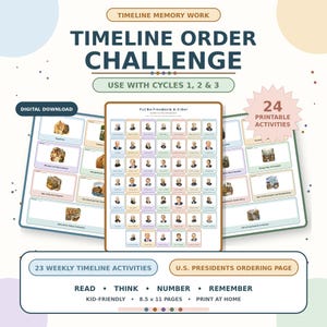 May include: A digital download educational set titled Timeline Order Challenge, featuring 24 printable activities including 23 weekly timeline pages and a U.S. Presidents ordering page. The pages are 21.6 x 27.9 cm and designed for home printing.