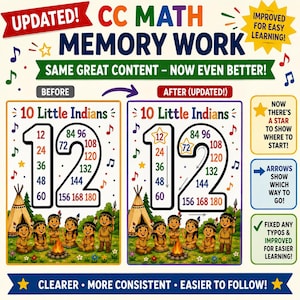 May include: Educational poster titled CC MATH MEMORY WORK featuring 10 Little Indians with numbers 12 through 180. The design shows a before and after comparison, highlighting updated arrows and stars for learning, with colorful musical notes and illustrations.