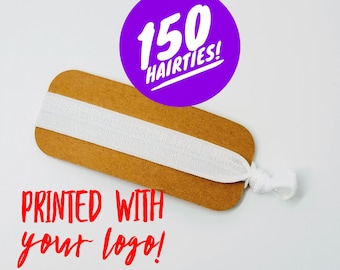 May include: A pack of 150 white hair ties with a brown card that says "PRINTED WITH your logo!"