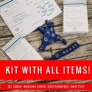 All items included! PRINTED Monat kit-  Event Questionnaire, Washing Cards, Oil Treatment cards & hair ties! Set/bundle-options- see details