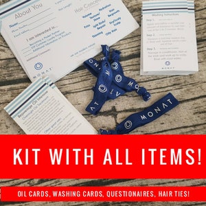 May include: A kit of hair care items, including oil treatment cards, washing instruction cards, questionnaires, and navy blue hair ties with white text. The text "KIT WITH ALL ITEMS!" is displayed in red.