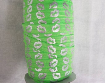 BY THE YARD- Bright Green- Neon with Silver Lips- Wholesale - foe Fold over Elastic