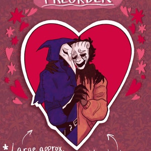 May include: A vinyl sticker featuring a romantic illustration of two characters in a heart-shaped frame. The characters are a person in a purple hooded cloak and a person with a black and orange jacket. The sticker is approximately 4x4 inches.