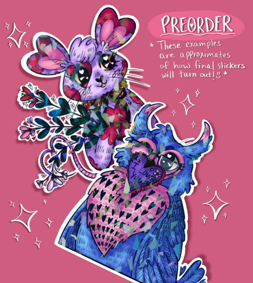 PREORDER Valentine Mouse and Owl Holographic Stickers