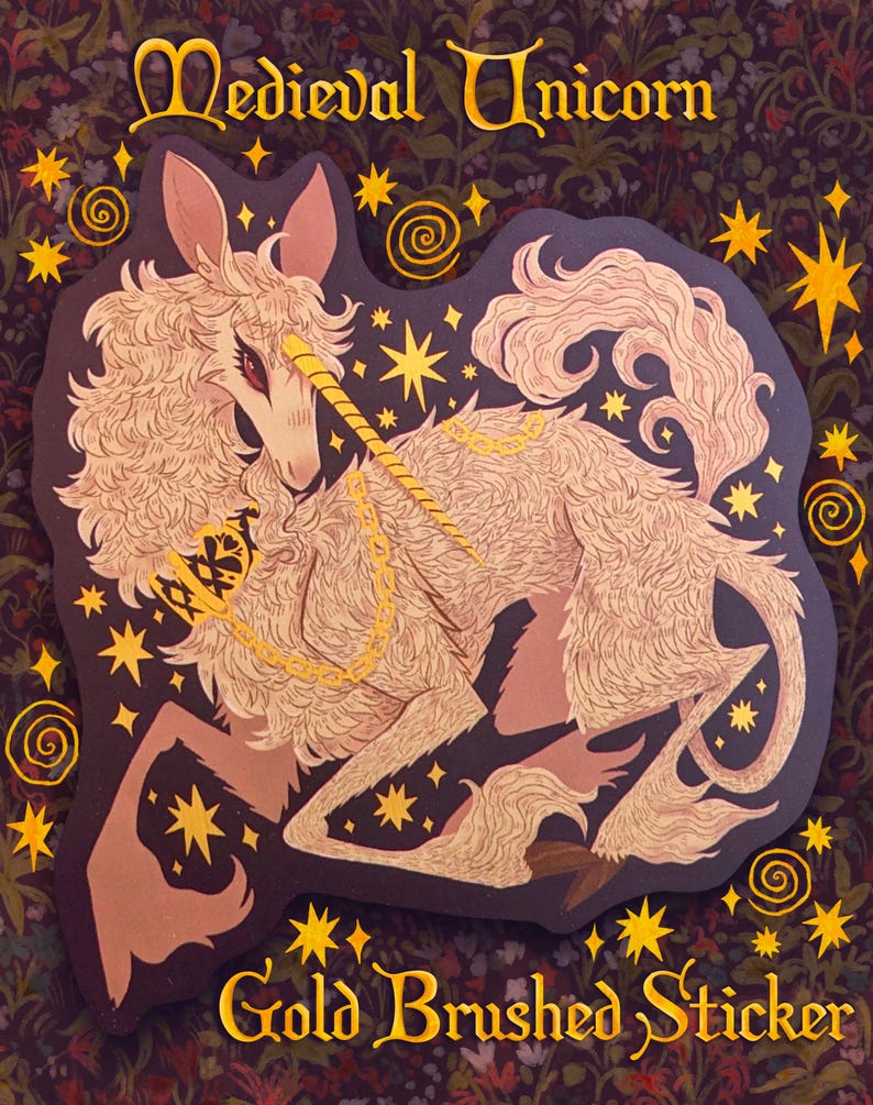 PREORDER Medieval Unicorn Brushed Gold Vinyl Stickers READ DESCRIPTION image 1
