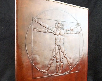 A5 Handmade Refillable Leather Journal - Leonardo da Vinci&#39;s VITRUVIAN MAN  - Choice of Paper