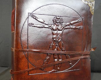 L'homme de Vitruve de Léonard de Vinci - Journal intime en cuir fait main païen wicca A5 livre des ombres