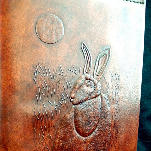 A5 Handmade Refillable Leather Journal Book of Shadows- Pagan Wicca Hare & Moon  - Choice of Paper