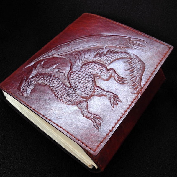 MAGIC DRAGON - Handmade Leather Notebook Journal Diary - with Unlined Pages