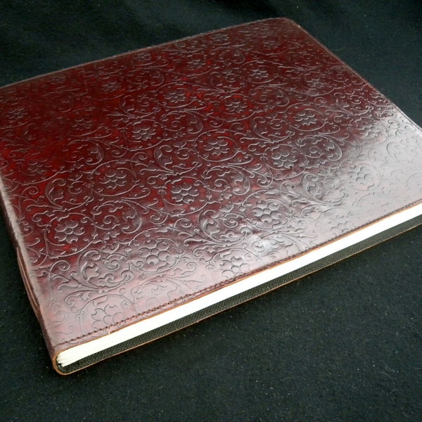 Large Handmade Leather Guest Book with Hand-Tooled Floral Design