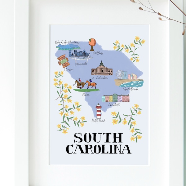 Printable South Carolina Map Illustration, Illustrated SC Map, Printable Map Art