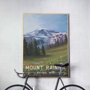 Affiche de voyage de style vintage du parc national Du Mont Rainier - Finition gloss