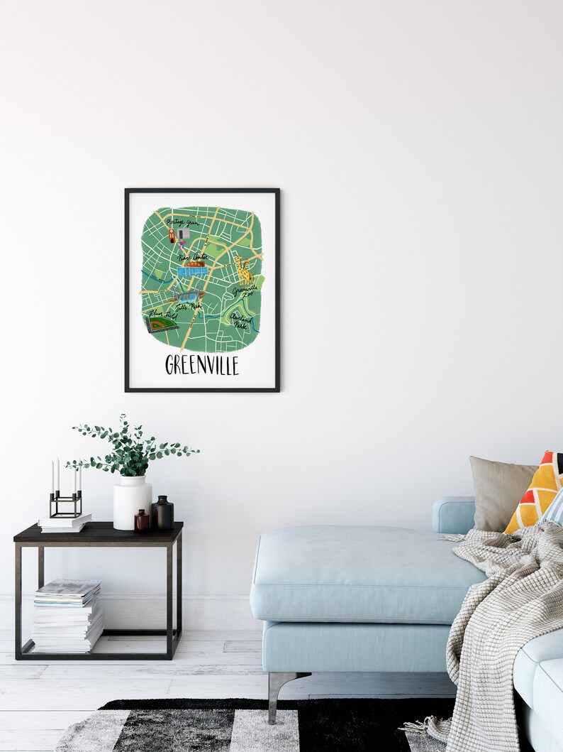 Greenville SC Illustrated Map Poster Glossy Finish Etsy