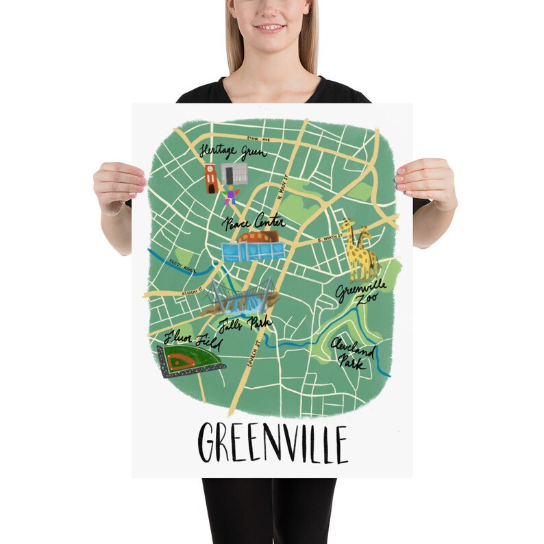 Greenville SC Illustrated Map Poster Matte Finish Etsy