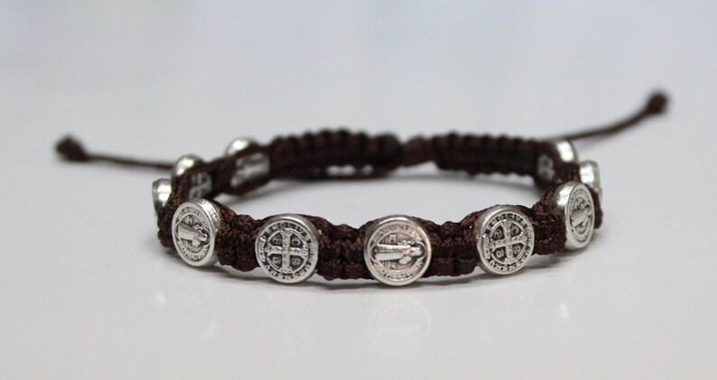 5 Pcs St. Benedict Red Trinity Medal Cord Bracelets - Silver Tone, Adjustable