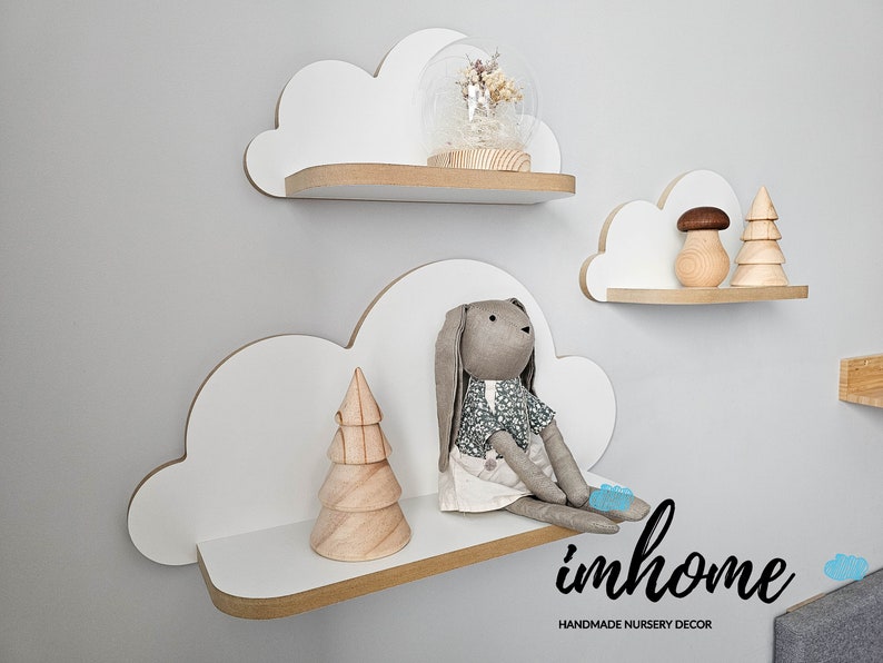 Lot de 3 étagères nuage, étagère pour bébé, décoration murale pour chambre de bébé, chambre d'enfant, décoration murale, nuage blanc, étagère en bois, décoration image 2