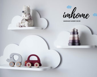 Set di 3 mensole nuvola, mensola nuvola, mensola per bambino, decorazione da parete per l'asilo nido, camera dei bambini, decorazioni murali, nuvola bianca, mensola in legno, decorazione