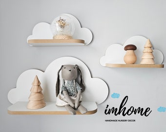 Lot de 3 étagères nuage, étagère pour bébé, décoration murale pour chambre de bébé, chambre d'enfant, décoration murale, nuage blanc, étagère en bois, décoration