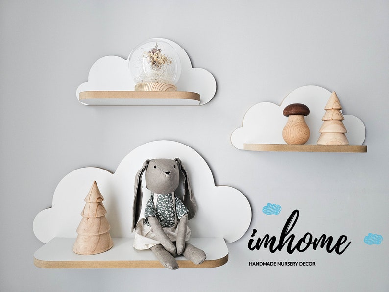 Lot de 3 étagères nuage, étagère pour bébé, décoration murale pour chambre de bébé, chambre d'enfant, décoration murale, nuage blanc, étagère en bois, décoration image 5