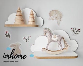 Set di 2 mensole nuvola, mensola nuvola, mensola per bambino, decorazione da parete per l'asilo nido, camera dei bambini, decorazioni murali, nuvola bianca, mensola in legno, decorazione