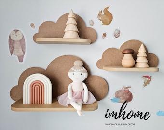 Set di 3 mensole nuvola, mensola nuvola, mensola per bambino, decorazione da parete per l'asilo nido, camera dei bambini, decorazioni murali, nuvola bianca, mensola in legno, decorazione