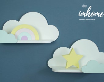 Set of 2 Cloud Shelf, Nursery Room Decor, Shelf for Baby, Nursery Wall Decor, Kids Decorative Shelf, Small cloud, Wooden shelf, White Cloud.