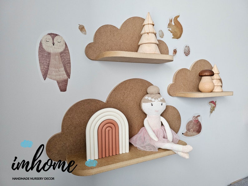 Lot de 3 étagères nuage, étagère pour bébé, décoration murale pour chambre de bébé, chambre d'enfant, décoration murale, nuage blanc, étagère en bois, décoration image 2