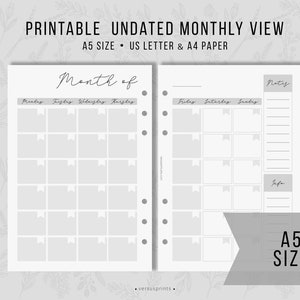Printable Monthly Spread for A5 Size Ringboung Planners, Minimalist Inserts, Undated Monthly View, Instant Download PDF