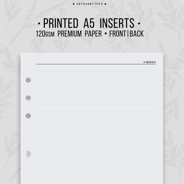 PRINTED A5 Notes Inserts, Lined Paper Pages, Minimal Planner Refills for 6-ring Planners, Front and Back