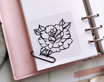 Clear Planner Card with Black Vinyl Rose, Decorative Square Journaling Card